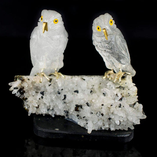 Crystal Quartz Owls on Crystal Quartz with Galena and Pyrite Specimen, Crystal Owls on Pyrite