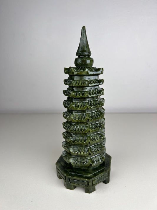 Feng Shui Pagoda Statue! Green Jade 9 Level Pagoda Carving, Jade Pagoda Carving