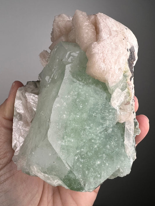 Cubic Green Apophyllite Crystal on White Chalcedony Specimen