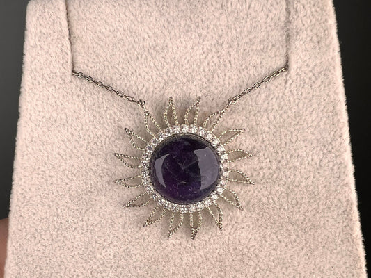 Relieve stress and Anxiety! Amethyst Sun Necklace,Special Design, Amethyst Crystal Pendant, 925 Sterling Silver