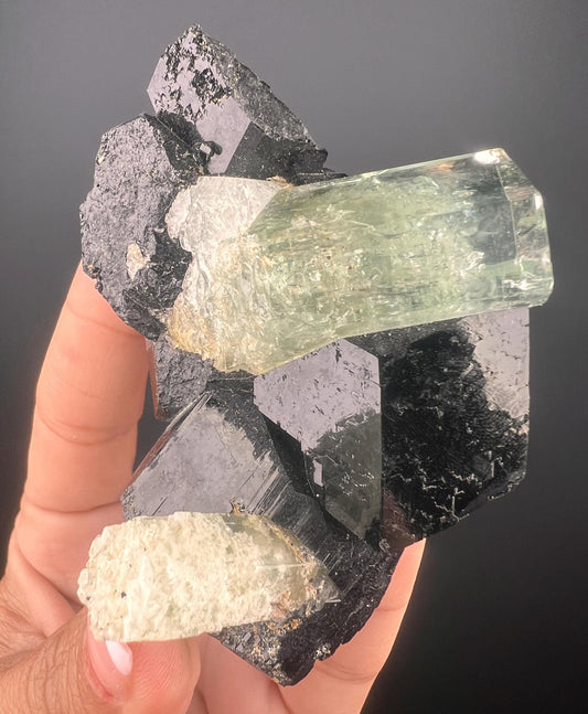 Feel Amazing Energy! Gemmy Aquamarine with Black Tourmaline Crystal