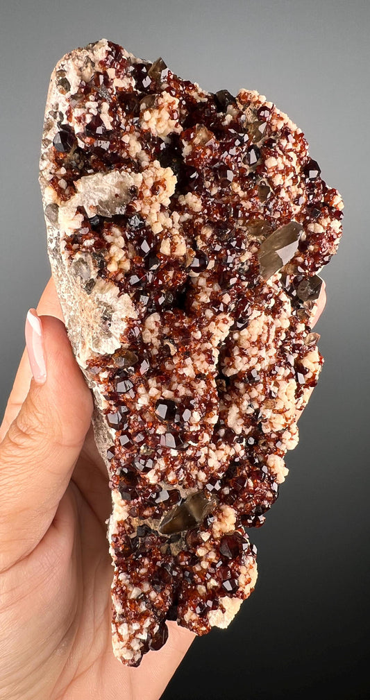 New Arrival! Dream Piece, Spessartine Garnet on Smokey Quartz