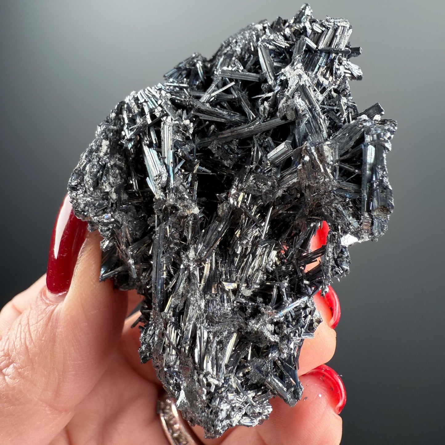 Silvery Stibnite Crystals with MirrorLike Luster, Stibnite Crystal