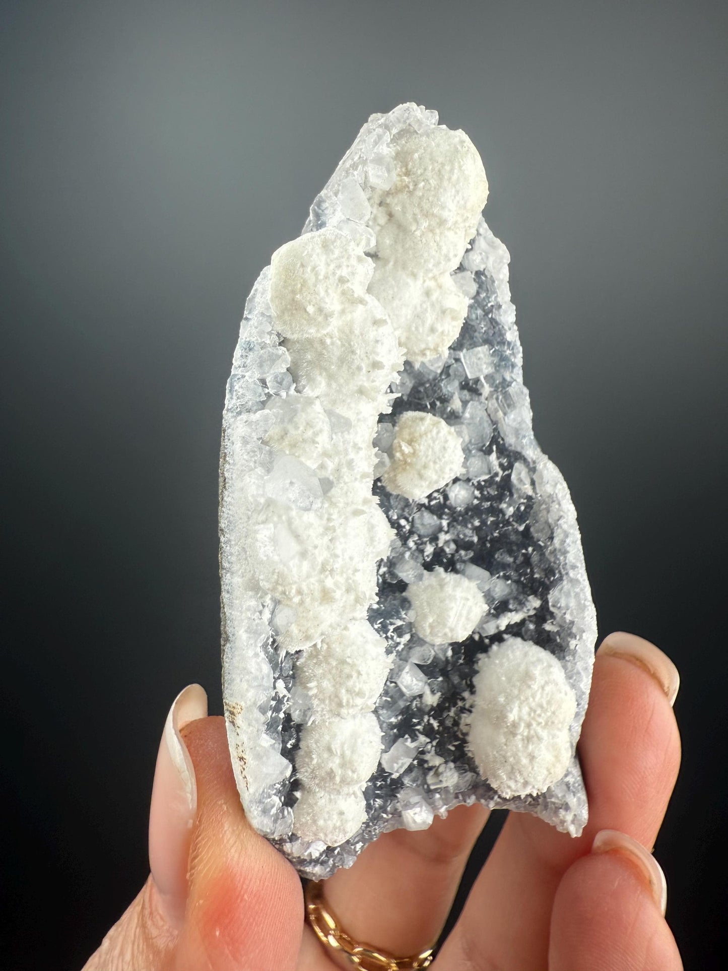 Stunning! White Okenite Balls on Crystallized Blue Chalcedony Crystal Specimen, Self-Standing Piece