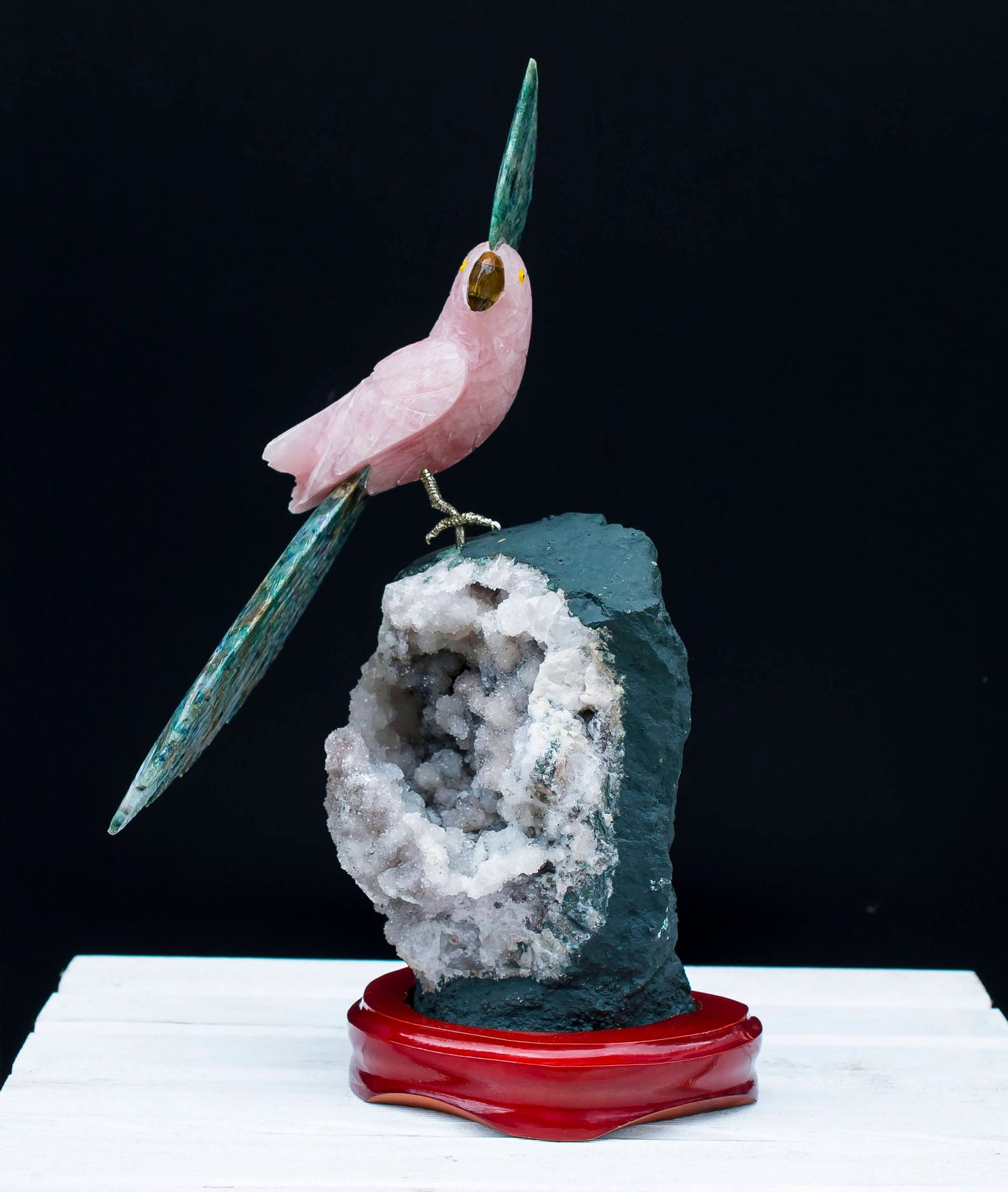 Handmade Rose Quartz Parrot on Amethyst Specimen