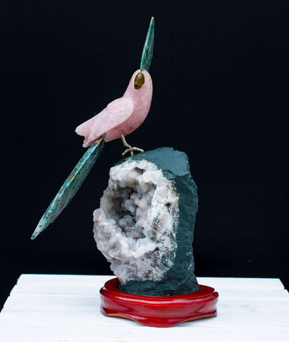 Handmade Rose Quartz Parrot on Amethyst Specimen