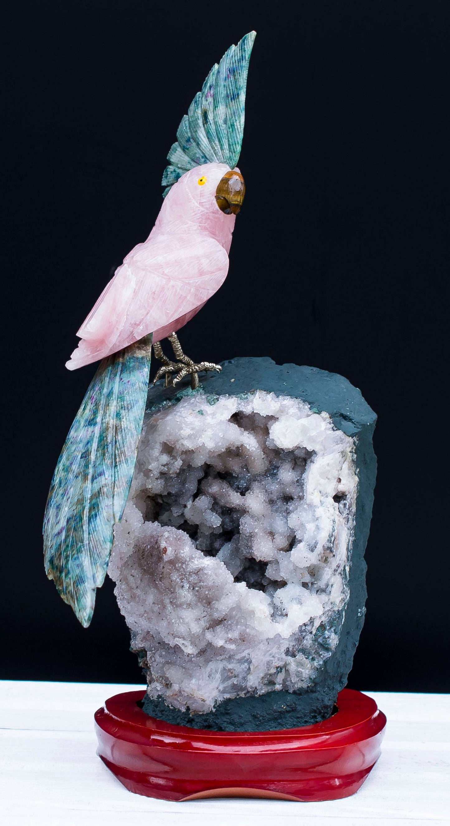 Handmade Rose Quartz Parrot on Amethyst Specimen