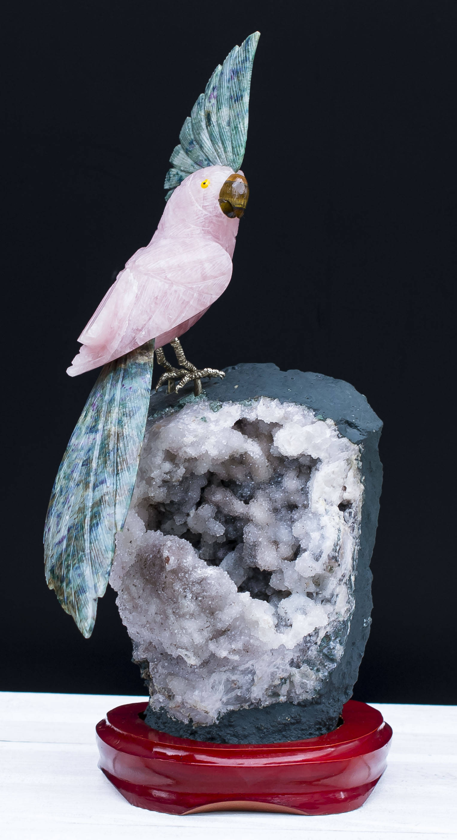 Handmade Rose Quartz Parrot on Amethyst Specimen