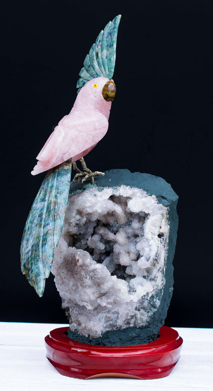 Handmade Rose Quartz Parrot on Amethyst Specimen