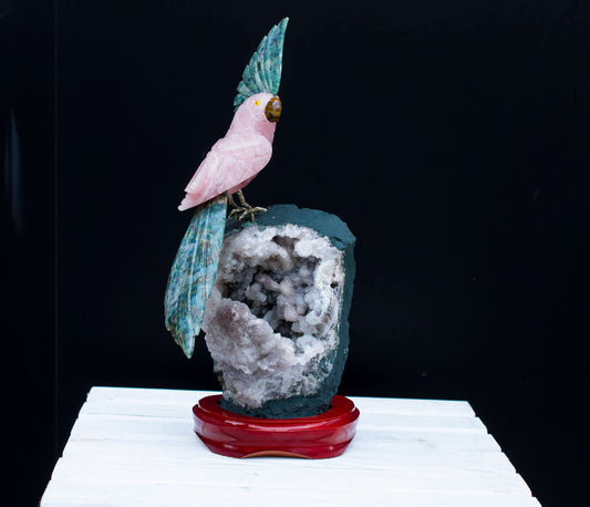 Handmade Rose Quartz Parrot on Amethyst Specimen