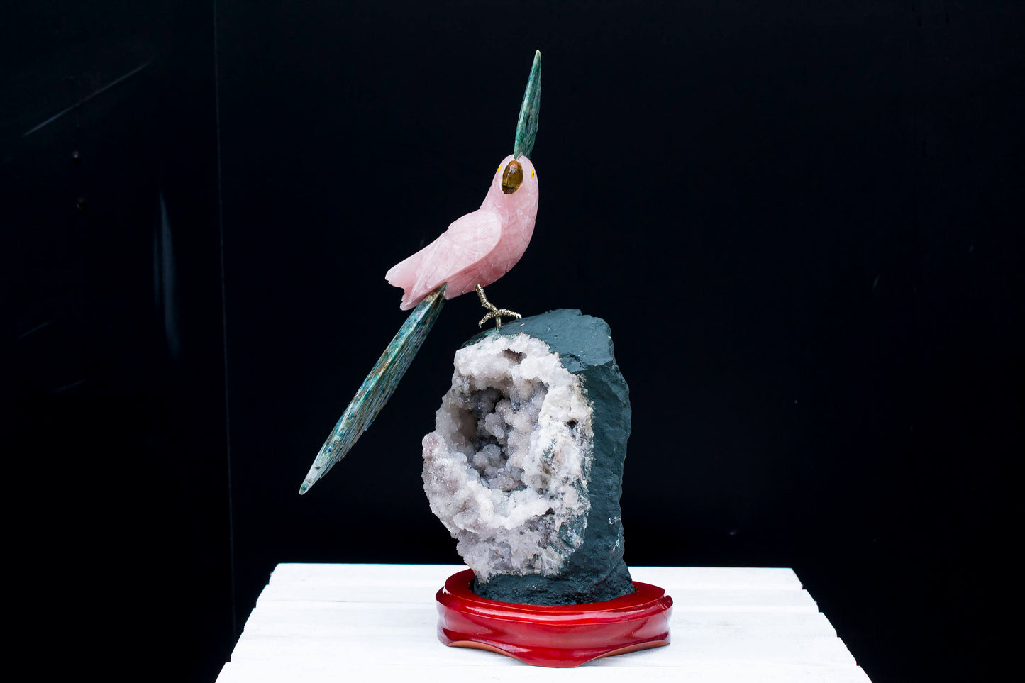 Handmade Rose Quartz Parrot on Amethyst Specimen