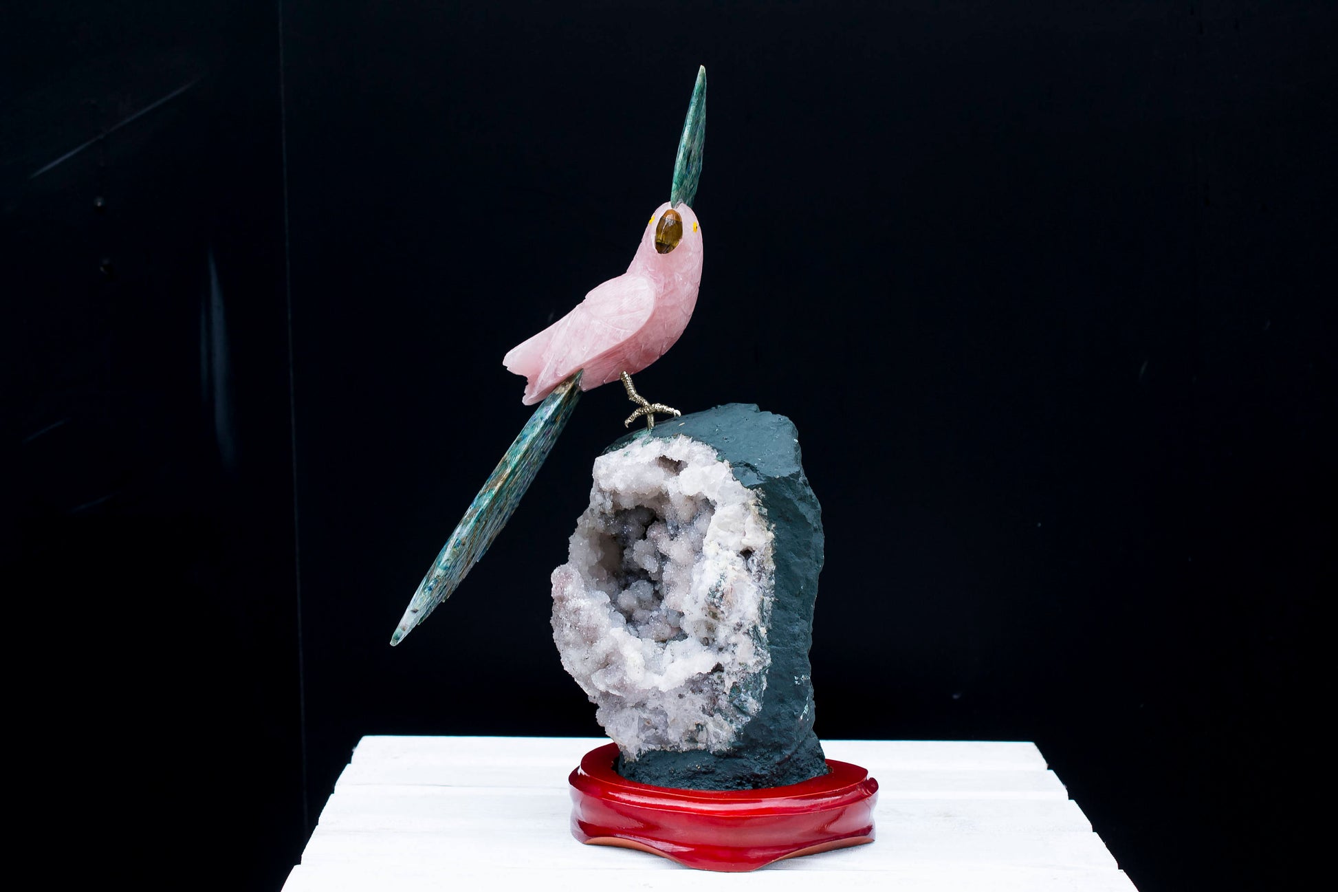 Handmade Rose Quartz Parrot on Amethyst Specimen