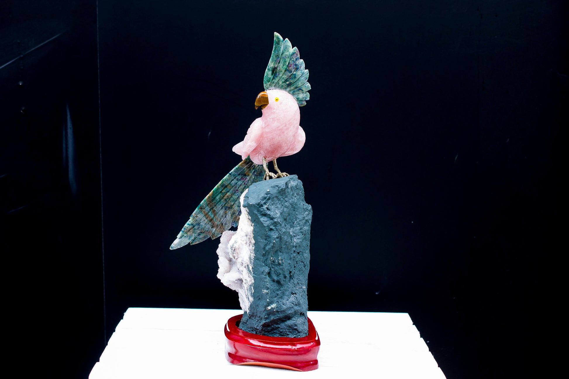 Handmade Rose Quartz Parrot on Amethyst Specimen