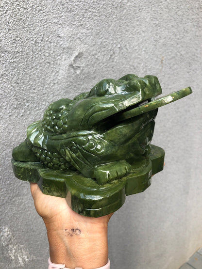 Wealth and Prosperity!Big Size!lLovely Green Jade Money Frog, Jade Money Frog Sculpture,Jade Money Toad