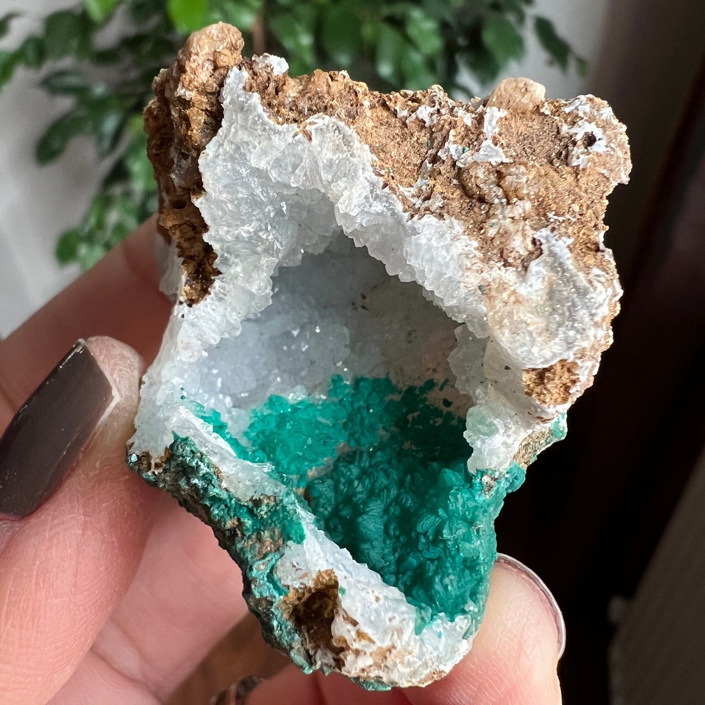 Lovely piece!Chalcedony Crystal with Malachite, Lovely Tiny Geode, Chalcedony Crystal with Malachite