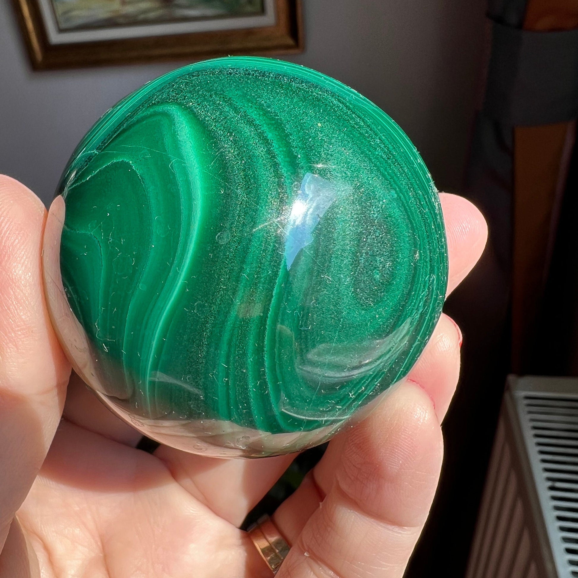 Deep Green Polished Malachite Sphere, % 100 Natural, 58 mm