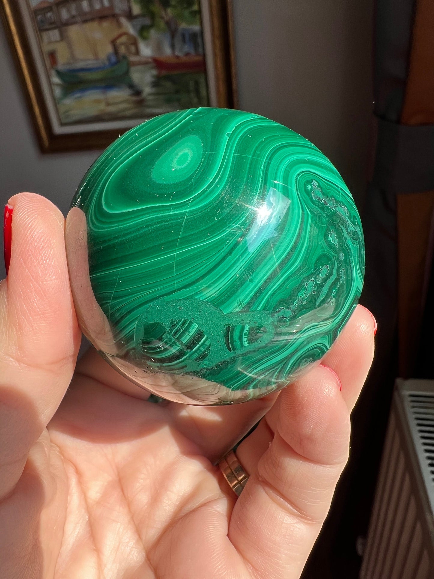 Deep Green Polished Malachite Sphere, % 100 Natural, 58 mm