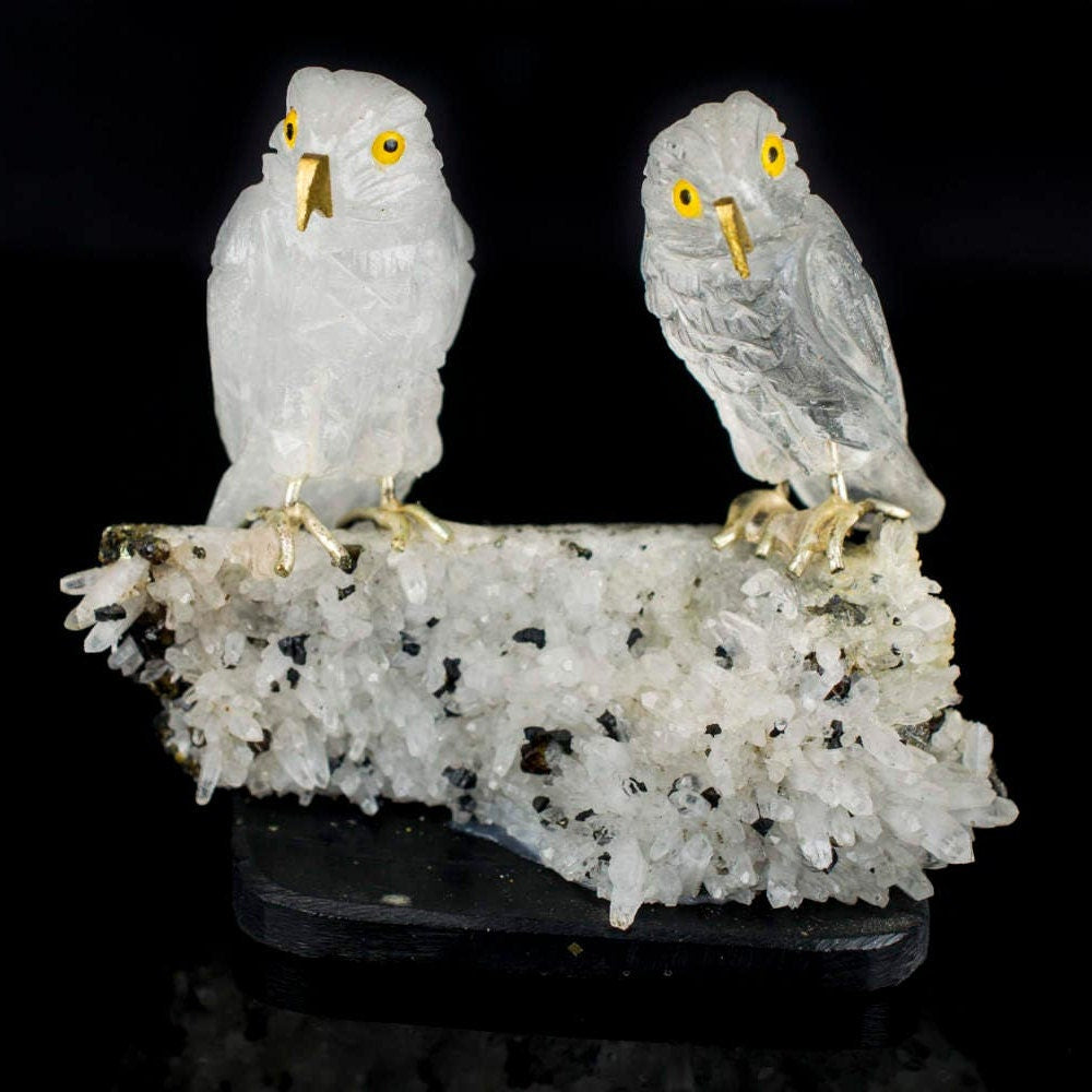 Crystal Quartz Owls on Crystal Quartz with Galena and Pyrite Specimen, Crystal Owls on Pyrite