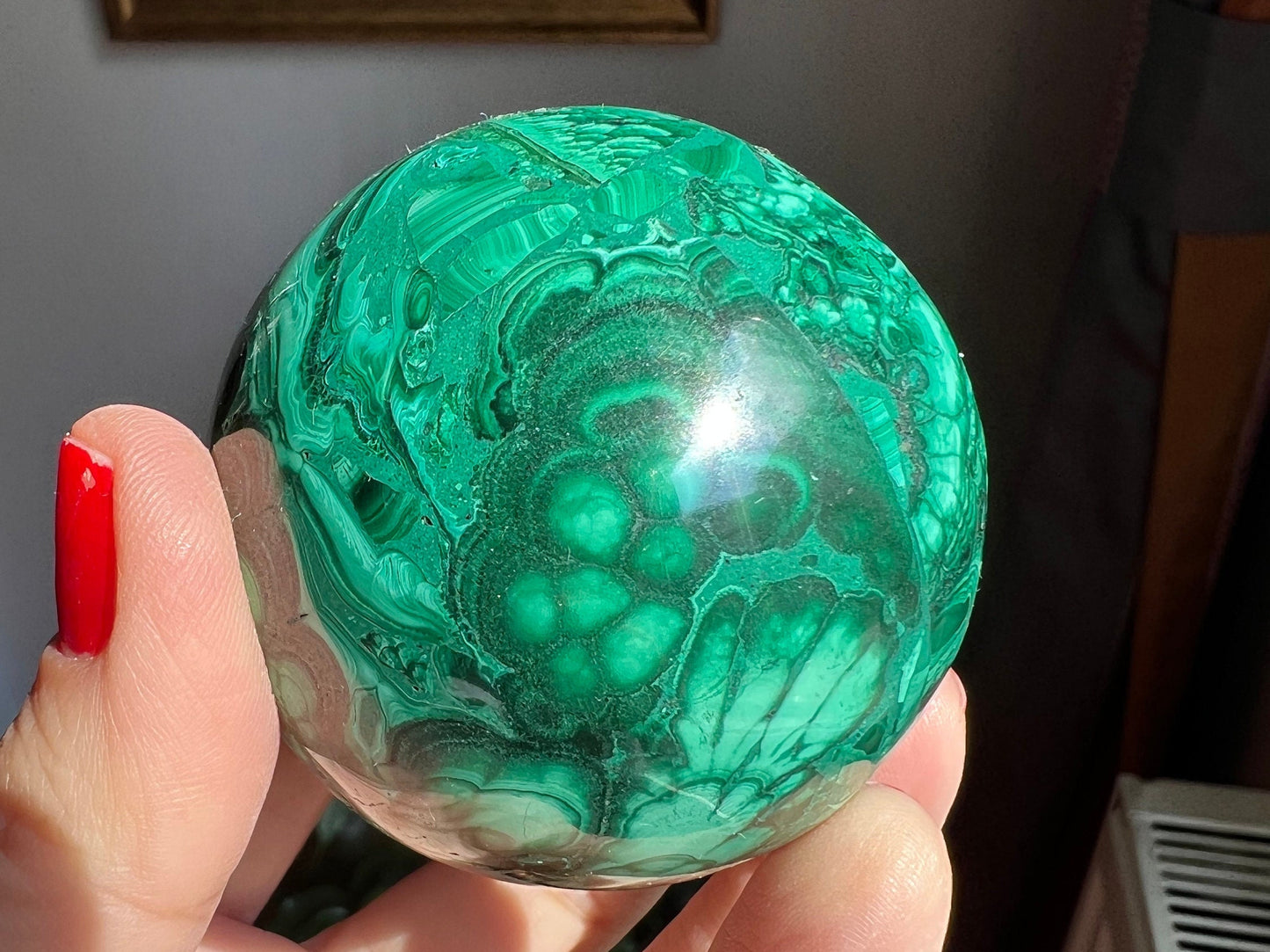 Deep Green Polished Malachite Sphere, % 100 Natural, 58 MM