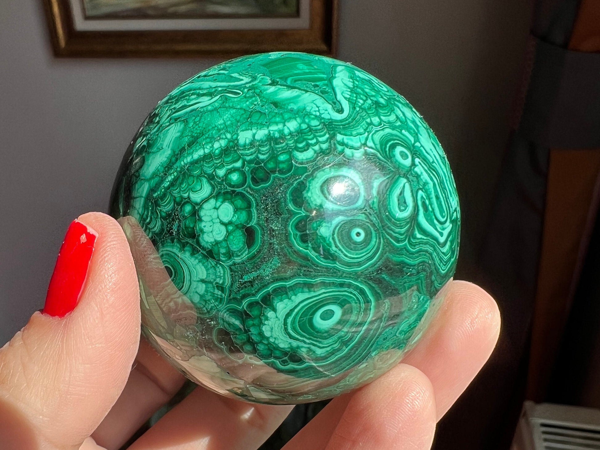 Deep Green Polished Malachite Sphere, % 100 Natural, 58 MM