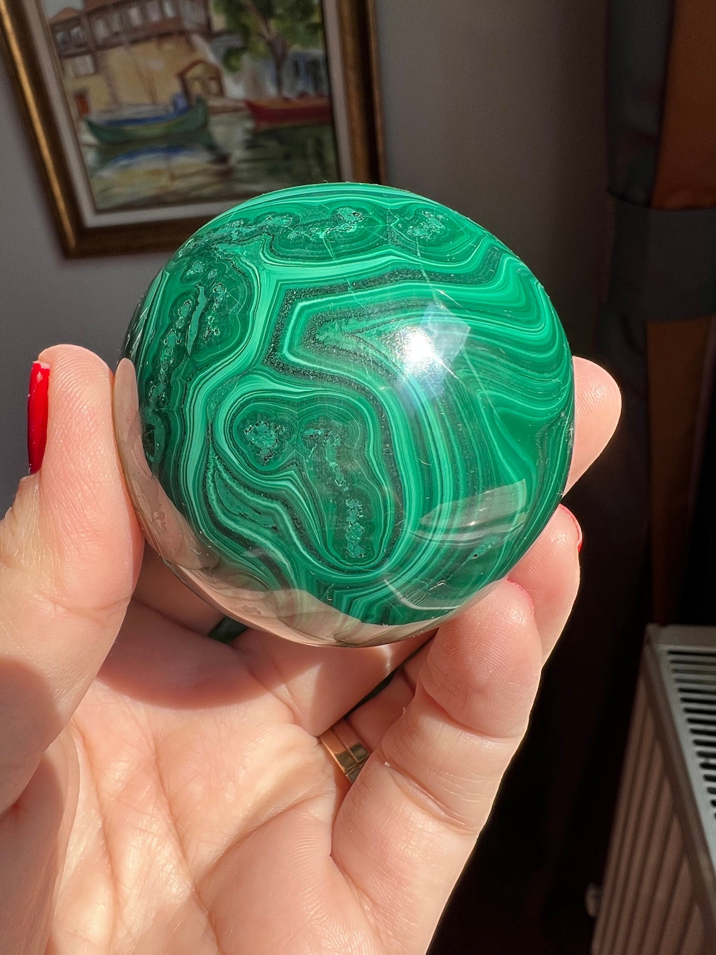 Deep Green Polished Malachite Sphere, % 100 Natural, 58 mm