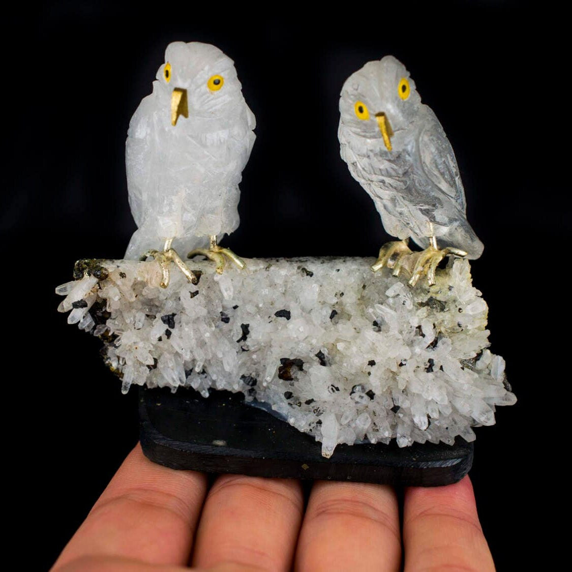 Crystal Quartz Owls on Crystal Quartz with Galena and Pyrite Specimen, Crystal Owls on Pyrite