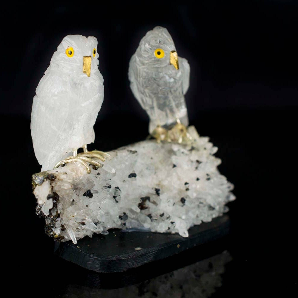 Crystal Quartz Owls on Crystal Quartz with Galena and Pyrite Specimen, Crystal Owls on Pyrite