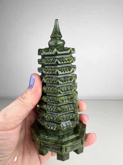 Jade Pagoda Statue! Green Jade 9 Level Pagoda Carving, Jade Pagoda Carving