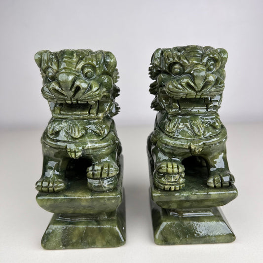 Pair of Natural Green Jade Foo Dogs lion, Feng Shui Guardian Jade Foo Dogs