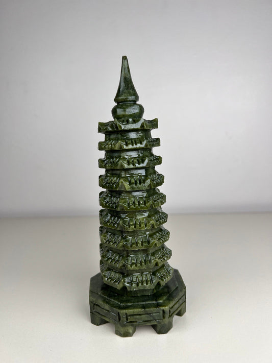 Feng Shui Pagoda Statue! Green Jade 9 Level Pagoda Carving, Jade Pagoda Carving