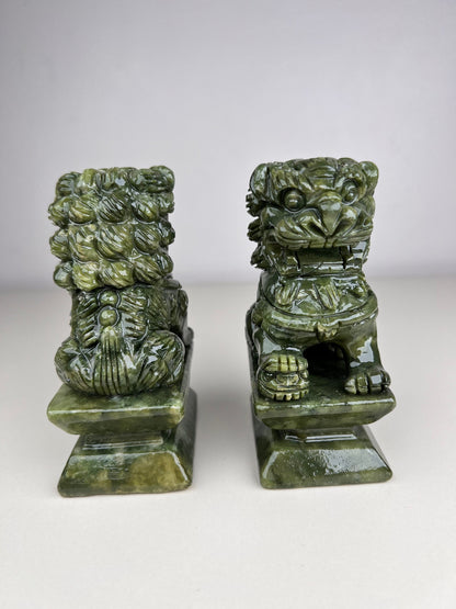 Pair of Natural Green Jade Foo Dogs lion, Feng Shui Guardian Jade Foo Dogs