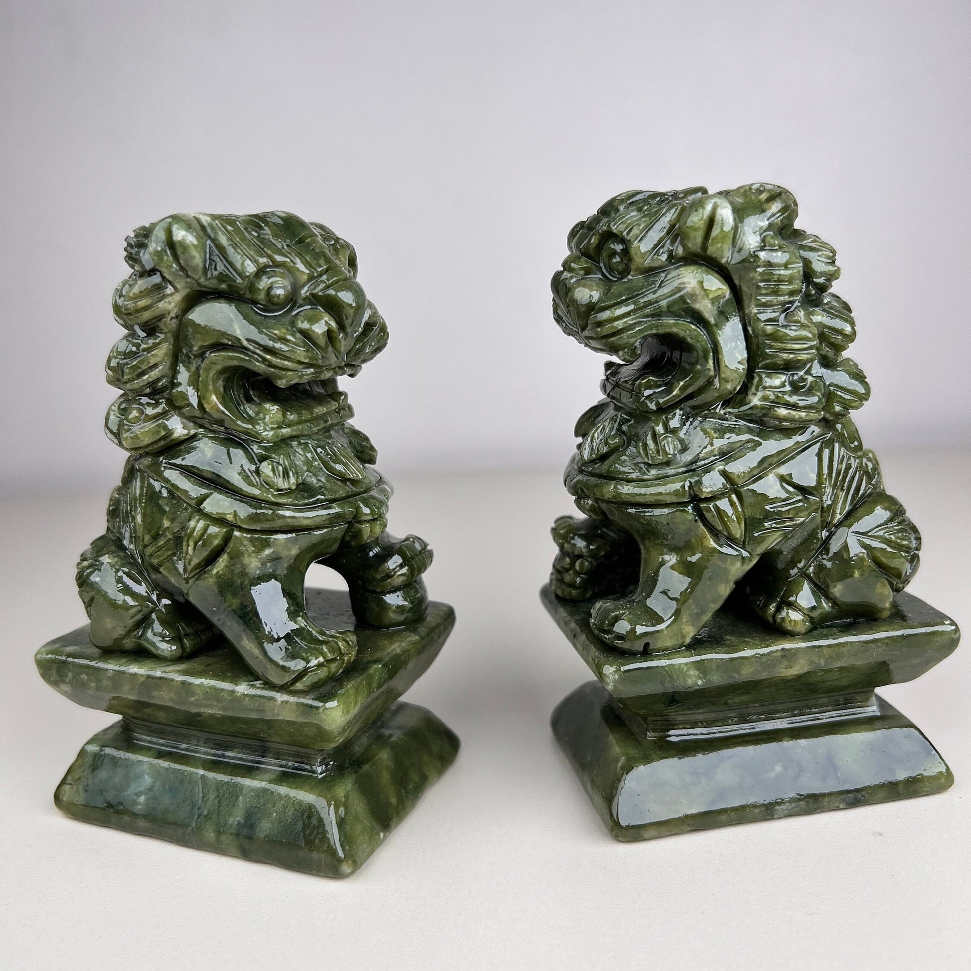 Pair of Natural Green Jade Foo Dogs lion, Feng Shui Guardian Jade Foo Dogs