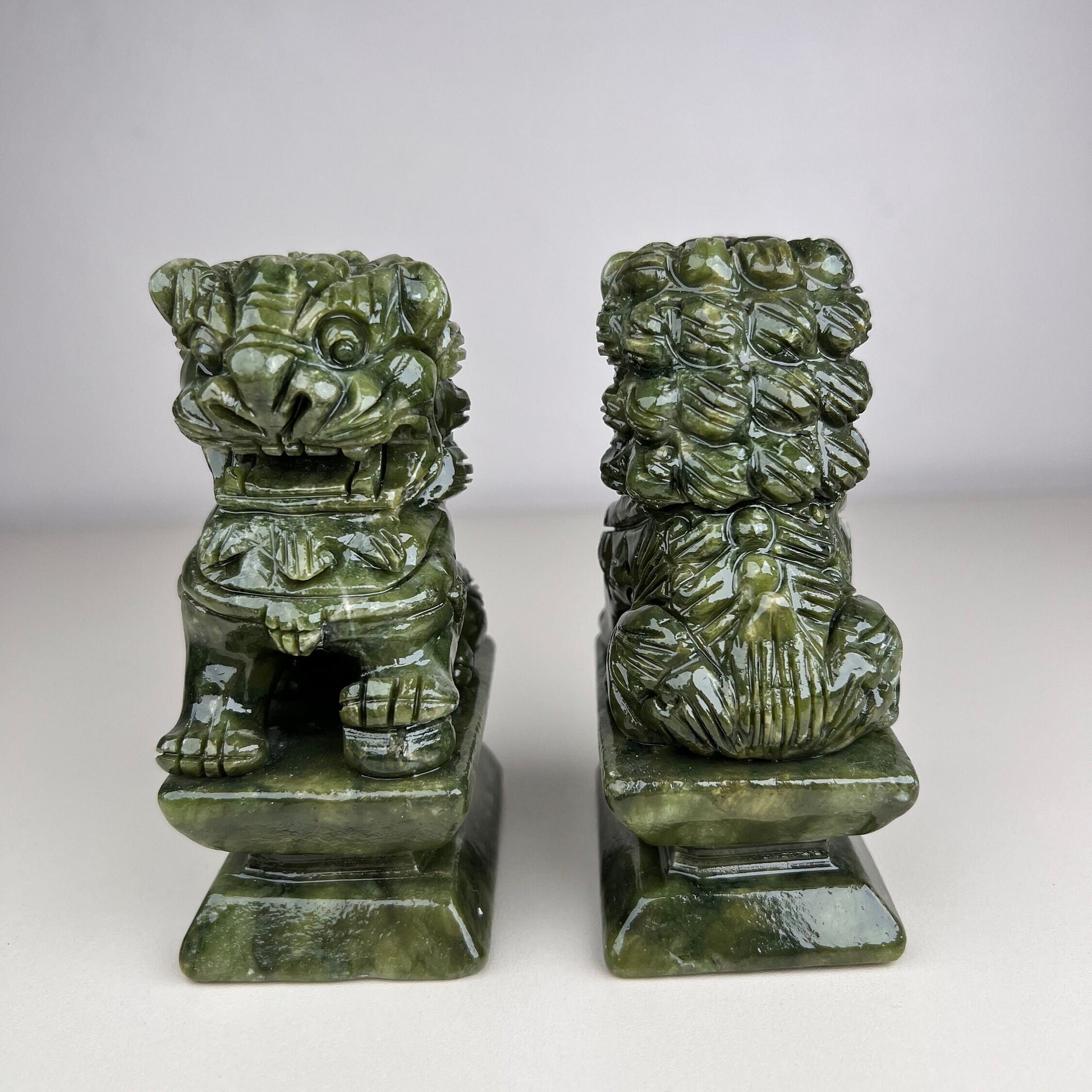 Pair of Natural Green Jade Foo Dogs lion, Feng Shui Guardian Jade Foo Dogs