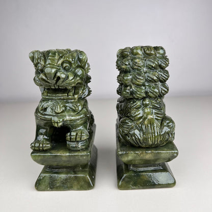 Pair of Natural Green Jade Foo Dogs lion, Feng Shui Guardian Jade Foo Dogs