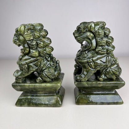 Pair of Natural Green Jade Foo Dogs lion, Feng Shui Guardian Jade Foo Dogs