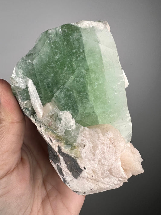 Cubic Green Apophyllite Crystal on White Chalcedony Specimen