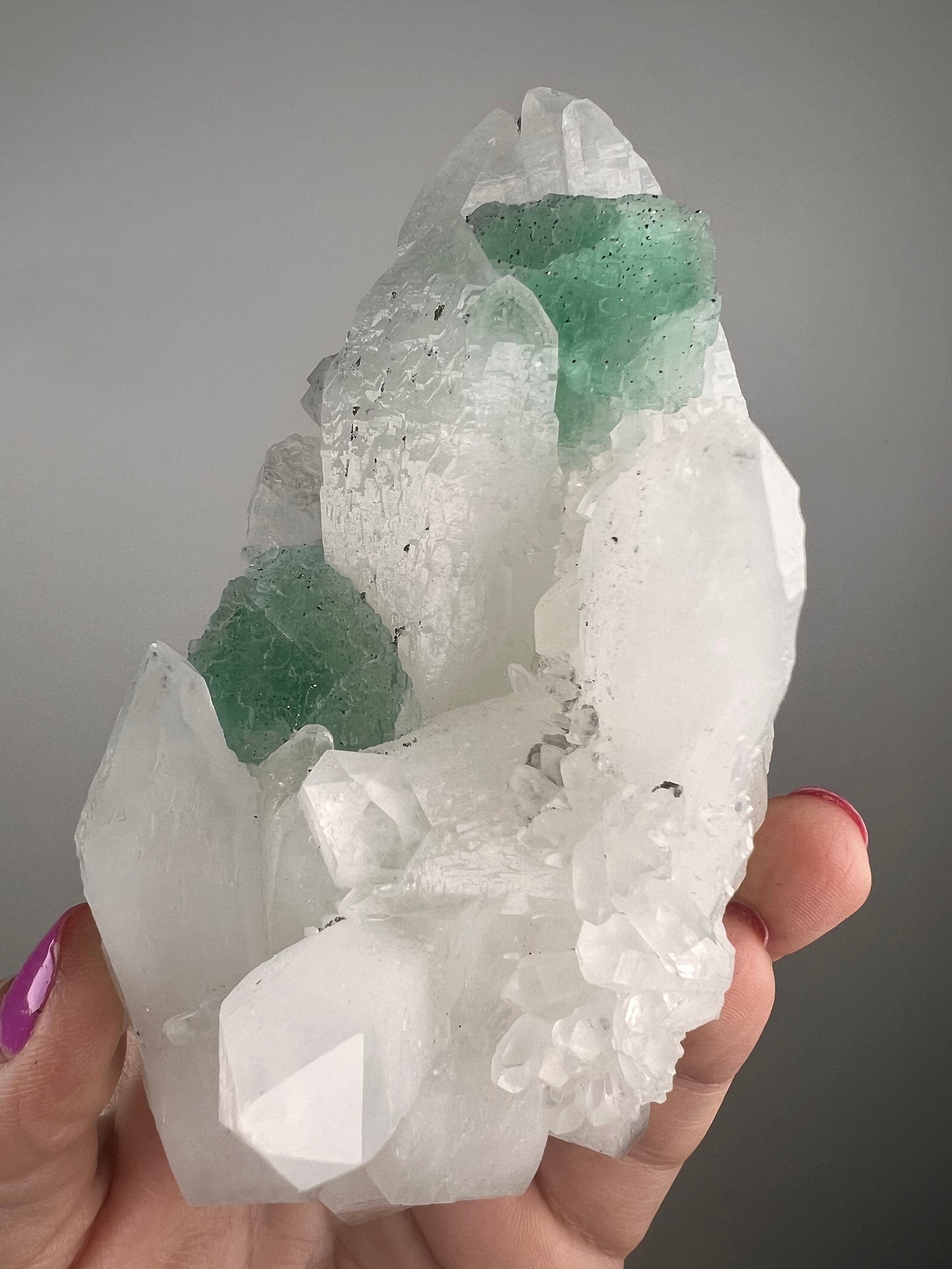 Green Fluorite with Pyrite on Double Termine Quartz from Past Bueno, Peru