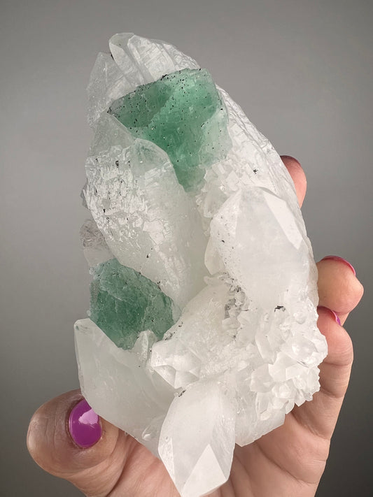 Green Fluorite with Pyrite on Double Termine Quartz from Past Bueno, Peru