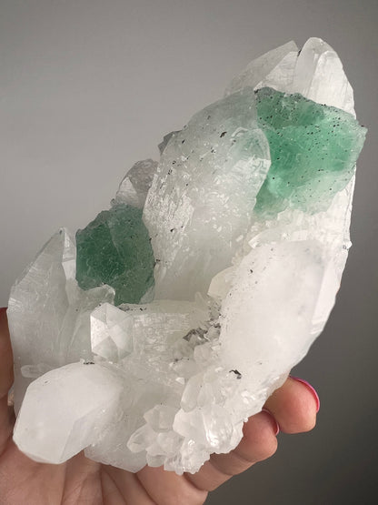 Green Fluorite with Pyrite on Double Termine Quartz from Past Bueno, Peru