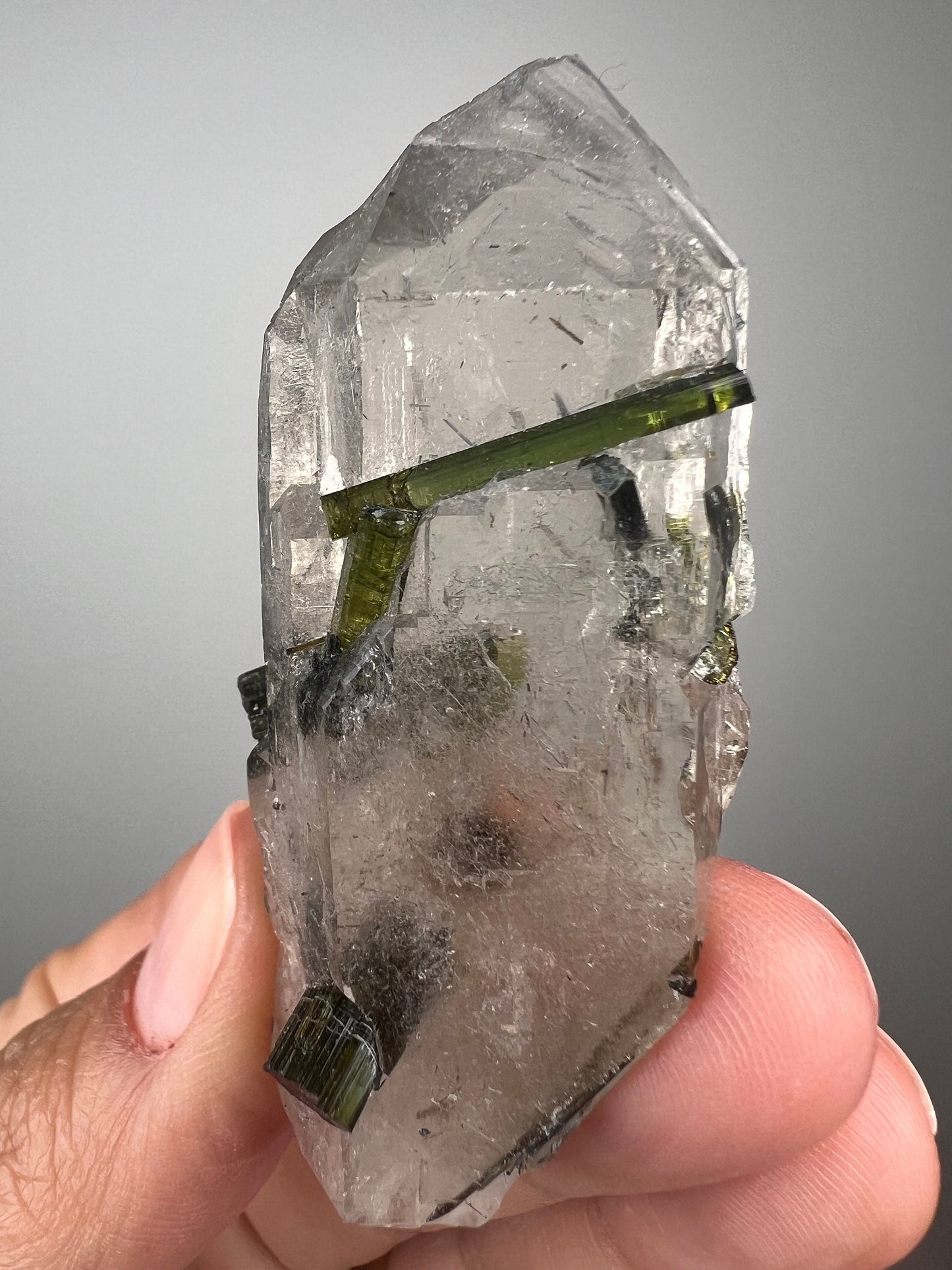 Fantastic!Green Tourmaline On Crystal Quartz Specimen