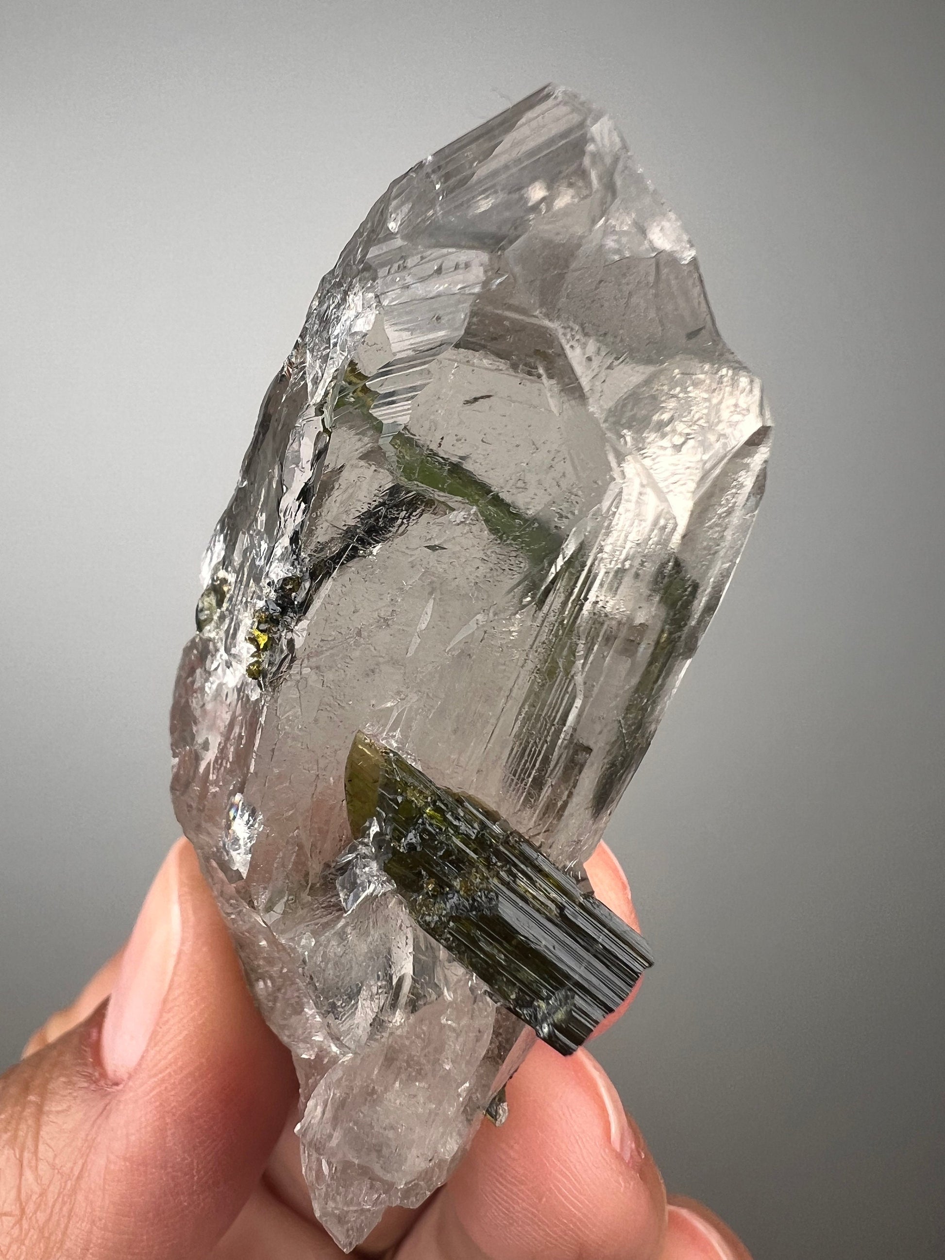 Fantastic!Green Tourmaline On Crystal Quartz Specimen