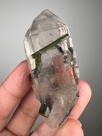 Fantastic!Green Tourmaline On Crystal Quartz Specimen