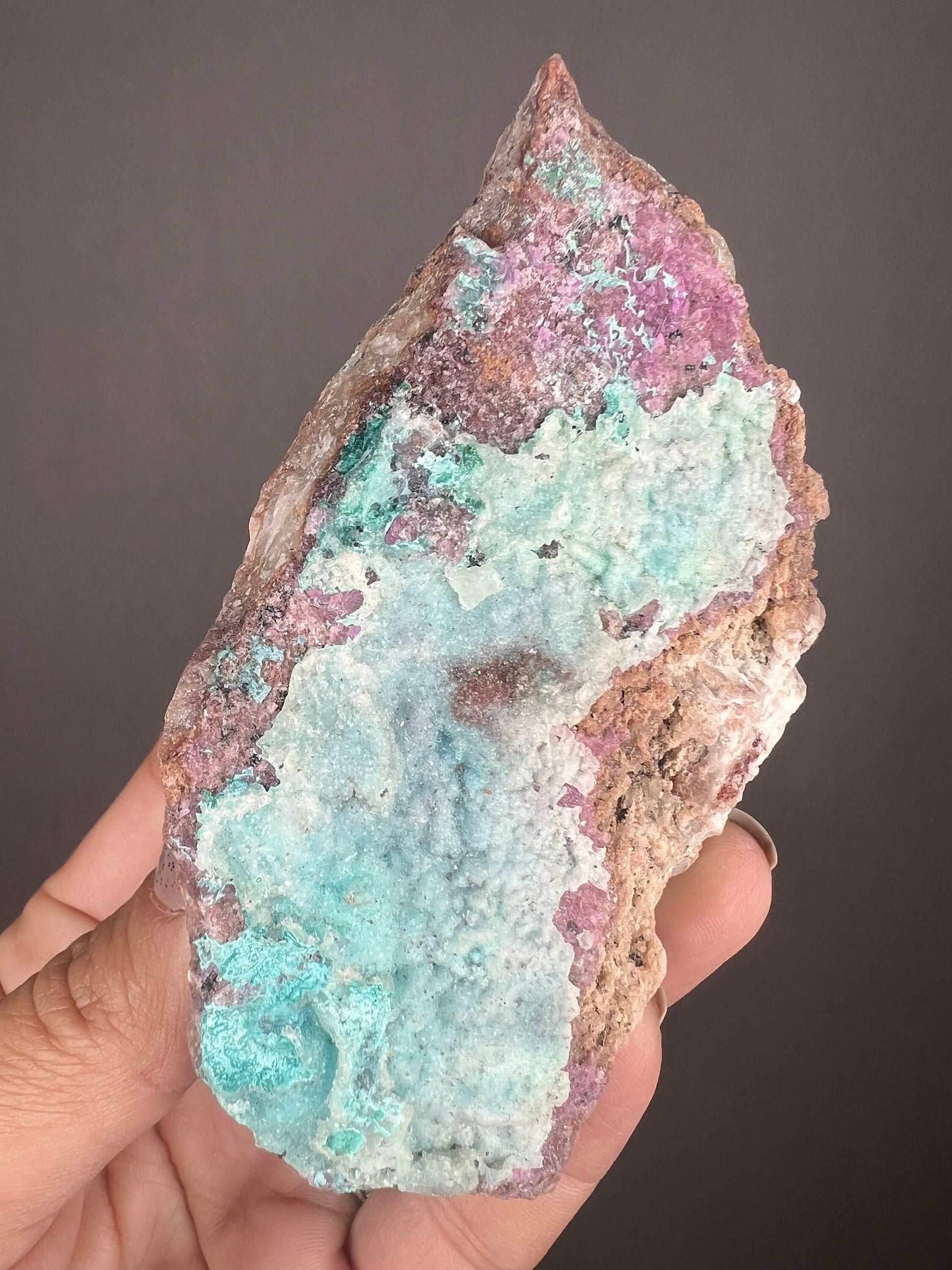 Amazing Piece! Sparkly Druzy Blue Chrysocolla with Green Malachite Spots on Pink Cobalto Calcite Specimen