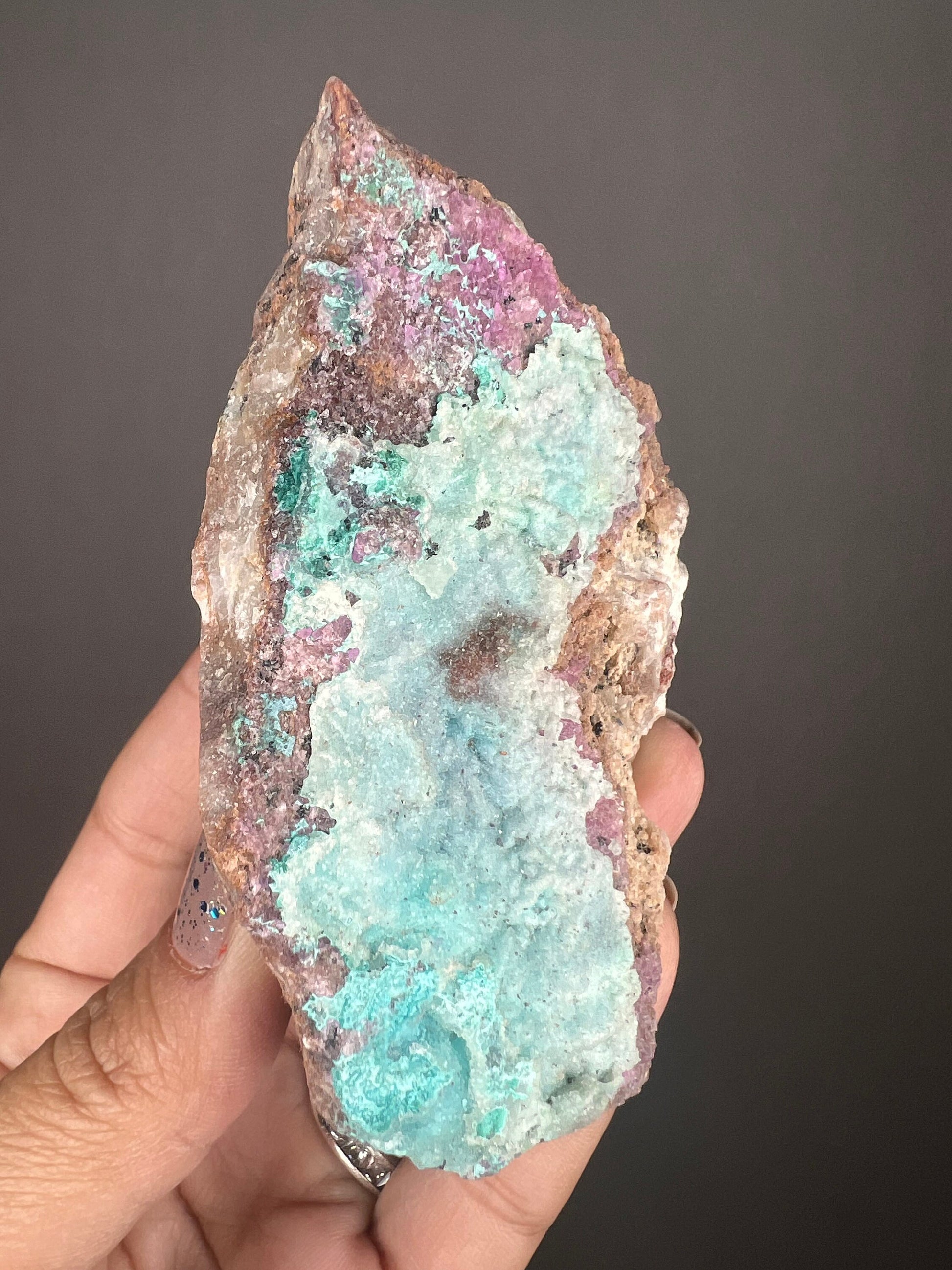 Amazing Piece! Sparkly Druzy Blue Chrysocolla with Green Malachite Spots on Pink Cobalto Calcite Specimen