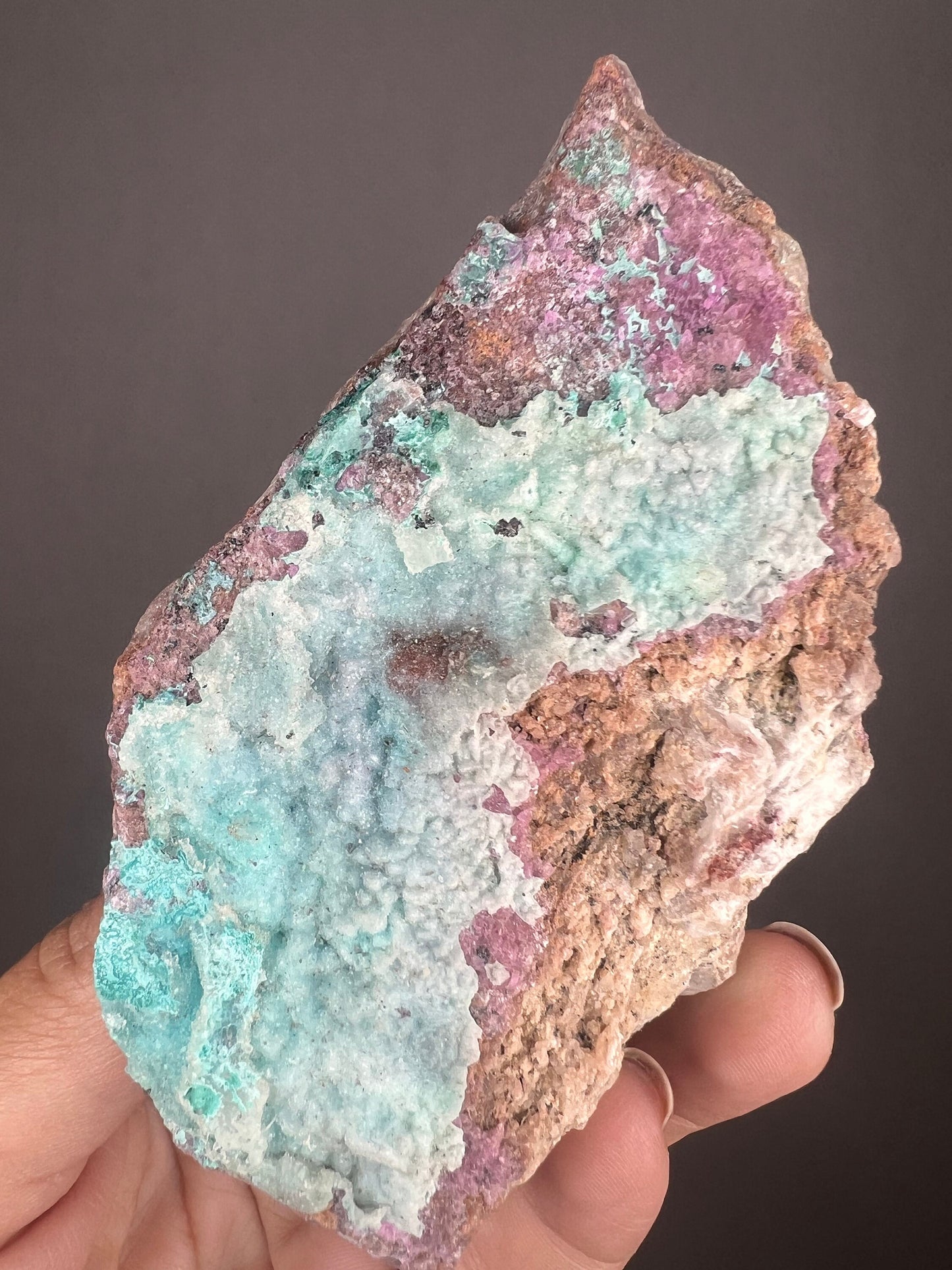 Amazing Piece! Sparkly Druzy Blue Chrysocolla with Green Malachite Spots on Pink Cobalto Calcite Specimen