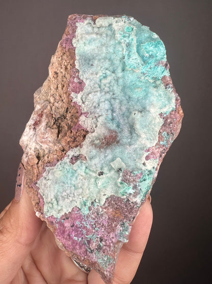 Amazing Piece! Sparkly Druzy Blue Chrysocolla with Green Malachite Spots on Pink Cobalto Calcite Specimen