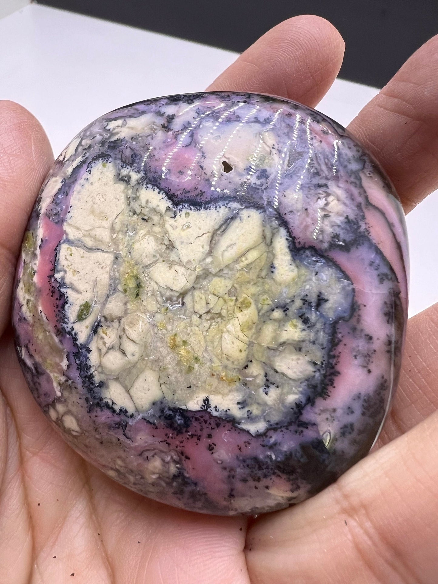 Amazing Color! Strawberry Opal Crystal Palm Stone from Peru, Dendritic Pink Opal