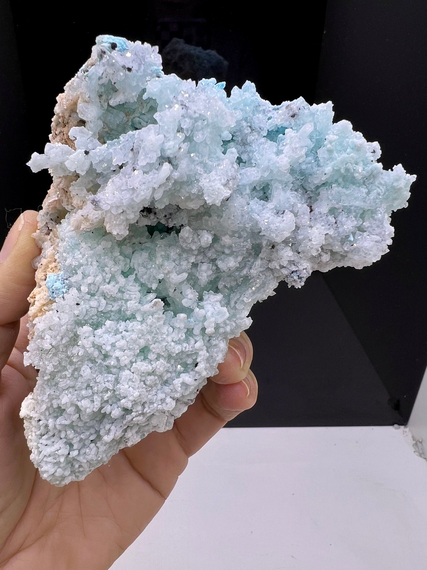 Druzy Blue Aragonite with Quartz Crystal Mineral Specimen, Blue Aragonite Crystal