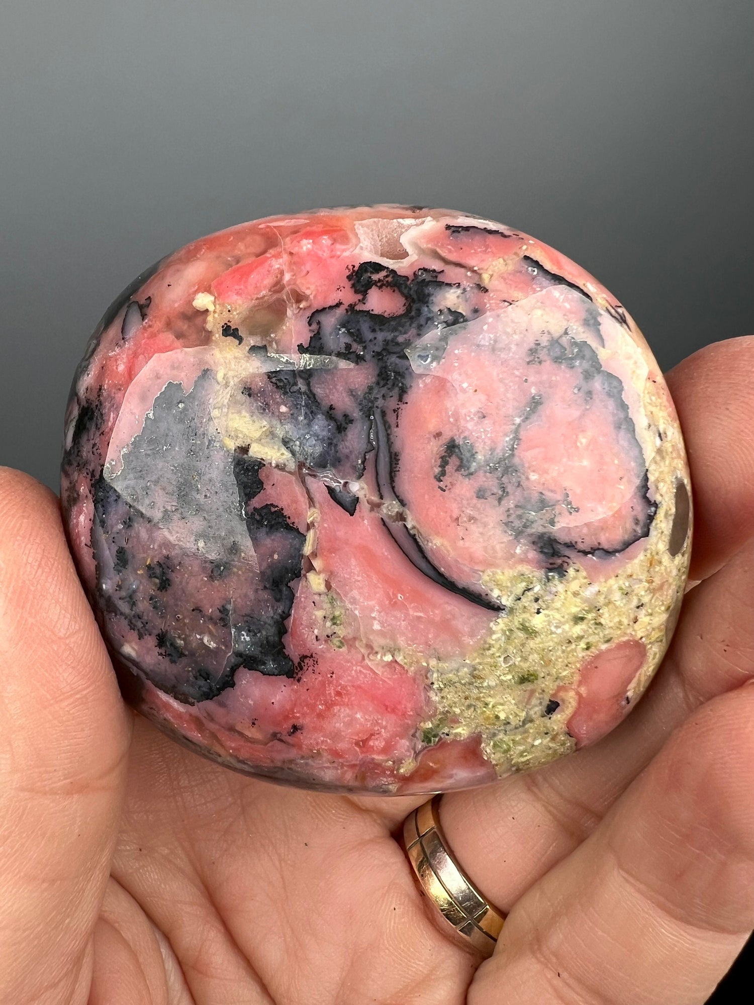 Amazing Color! Strawberry Opal Crystal Palm Stone from Peru, Dendritic Pink Opal