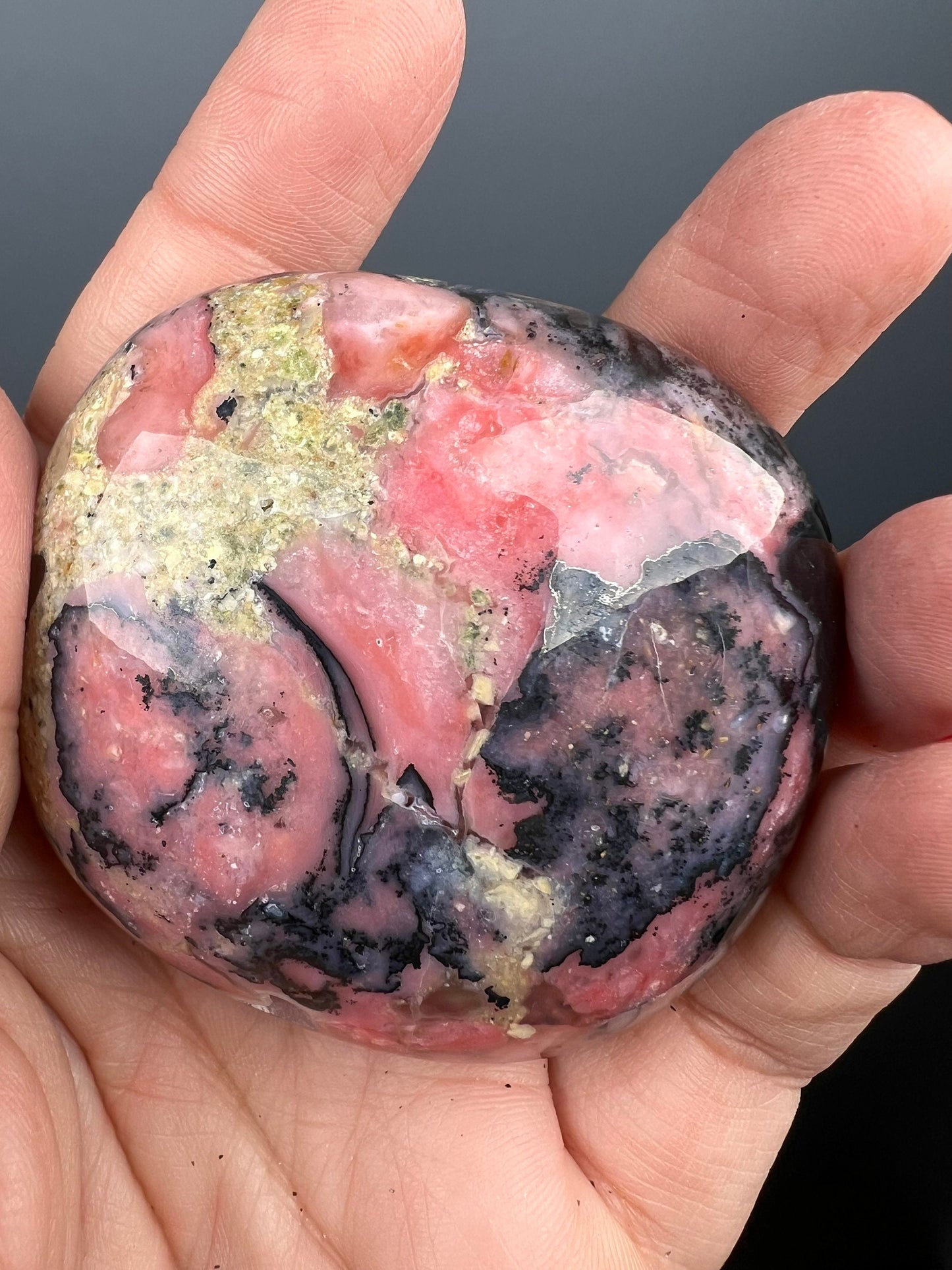 Amazing Color! Strawberry Opal Crystal Palm Stone from Peru, Dendritic Pink Opal